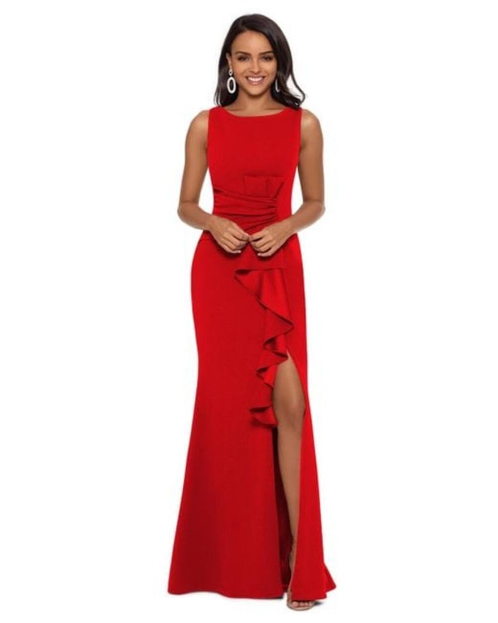 Betsy & Adam Petite Ruffled Boat-Neck Gown Red P12